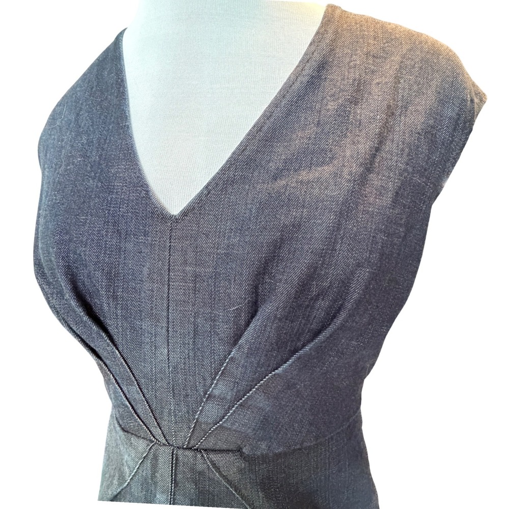 Dark Wash Denim V Neck Sheath Dress Cap Sleeve Knee Length Business Casual